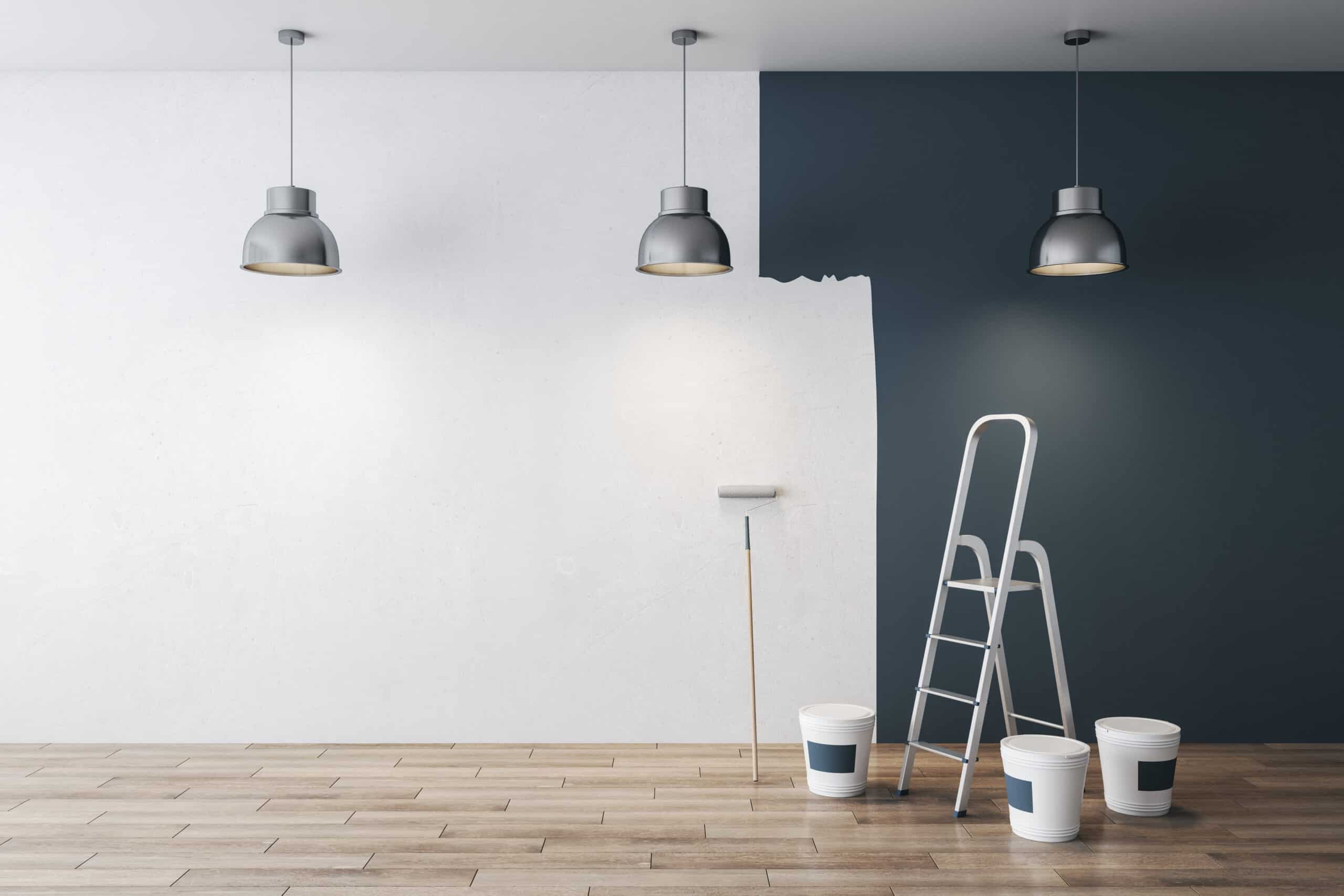 Modern grey interior before and after repairs with mock up place on white concrete wall and wooden floor. 3D Rendering.